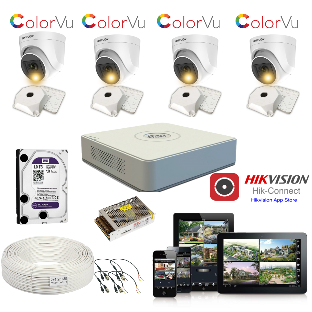 Hikvision 4 Kameralı Gece Renkli iç ortam set